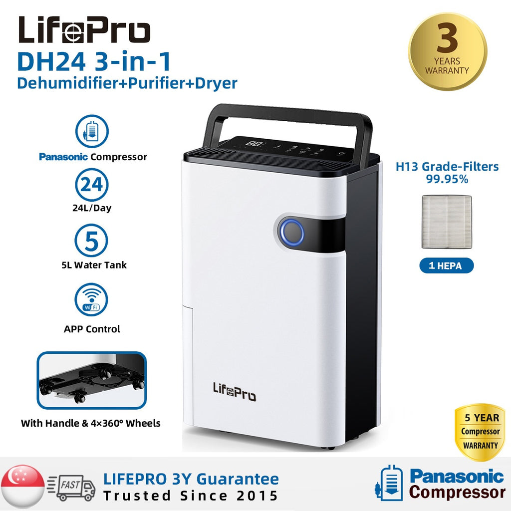【Promo: 2 Free 2-in-1 Filters】LifePro DH24 3-in-1 Dehumidifier+Purifier+Dryer, 24L/D, 5L Tank, H13 HEPA, Panasonic Compressor, WiFi, APP
