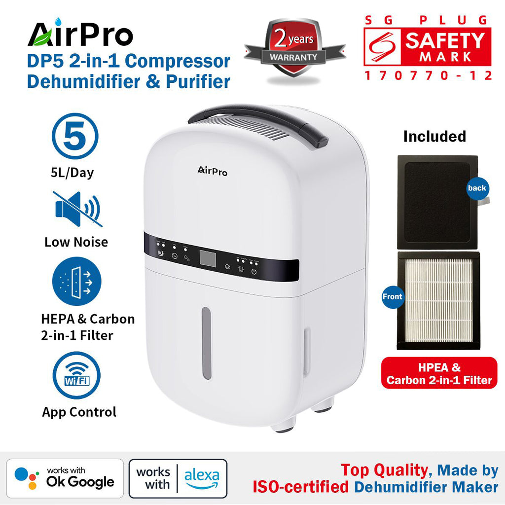 2× FREE Filters | AirPro DP5 Compressor Dehumidifier & Purifier 2-in-1 with HEPA | Quiet, Compact, 5L/Day, Suitable for Common Room