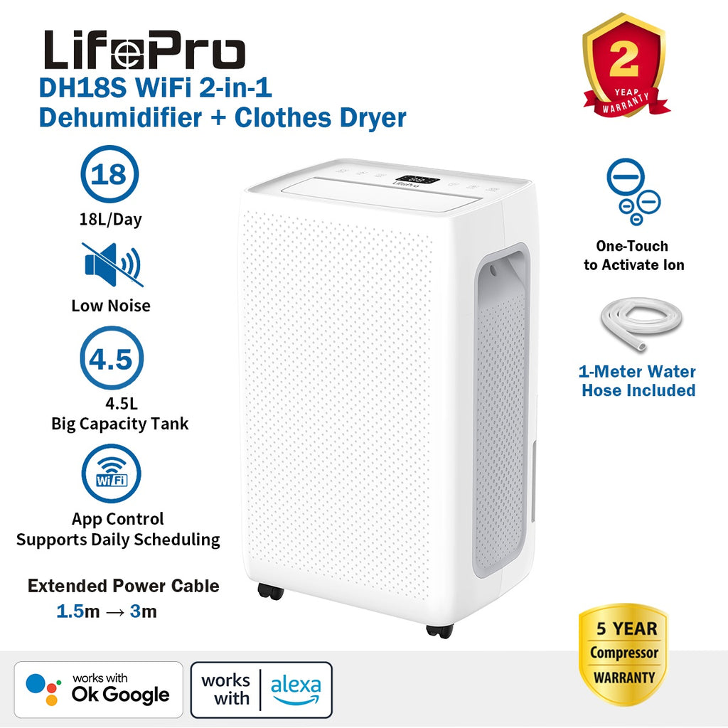 LifePro DH18S 2-in-1 Compressor Dehumidifier & Clothes Dryer, 18L/Day, Quiet, App-Controlled, Negative Ion Purification, 4.5L Tank