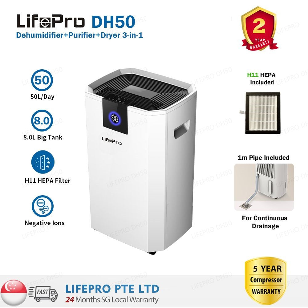 LifePro DH50 3-in-1 Compressor Dehumidifier, Purifier & Dryer – 50L Capacity, H11 HEPA, 8L Tank, Whole House Coverage