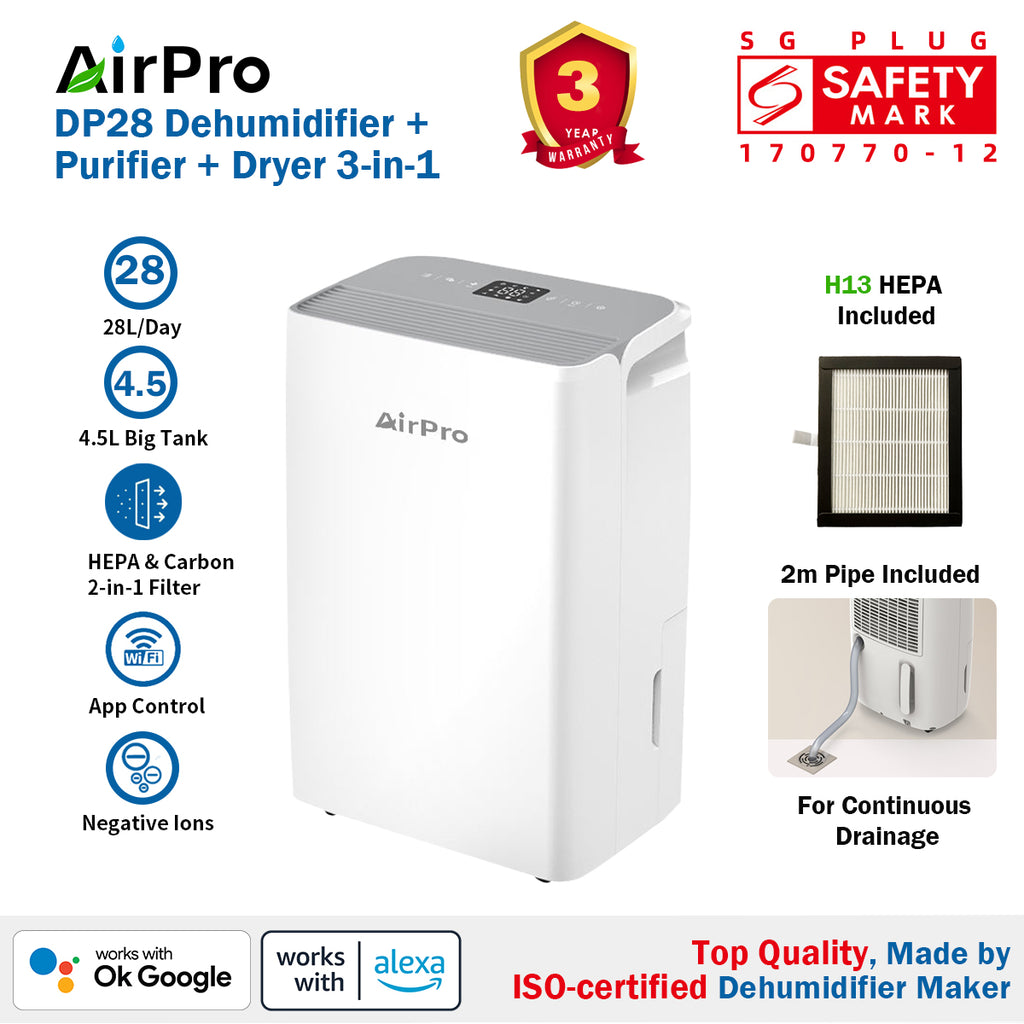 🎁Free 2x H13 HEPA Filters | AirPro DP28 3-in-1 Compressor Dehumidifier Purifier Dryer | 28L/Day | App Control | 4.5L Tank