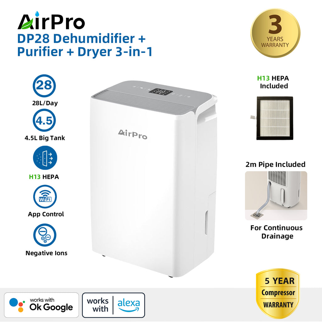 🎁Free 2x H13 HEPA Filters | AirPro DP28 3-in-1 Compressor Dehumidifier Purifier Dryer | 28L/Day | App Control | 4.5L Tank