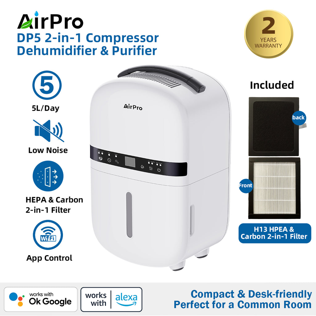 2× FREE Filters | AirPro DP5 Compressor Dehumidifier & Purifier 2-in-1 with HEPA | Quiet, Compact, 5L/Day, Suitable for Common Room