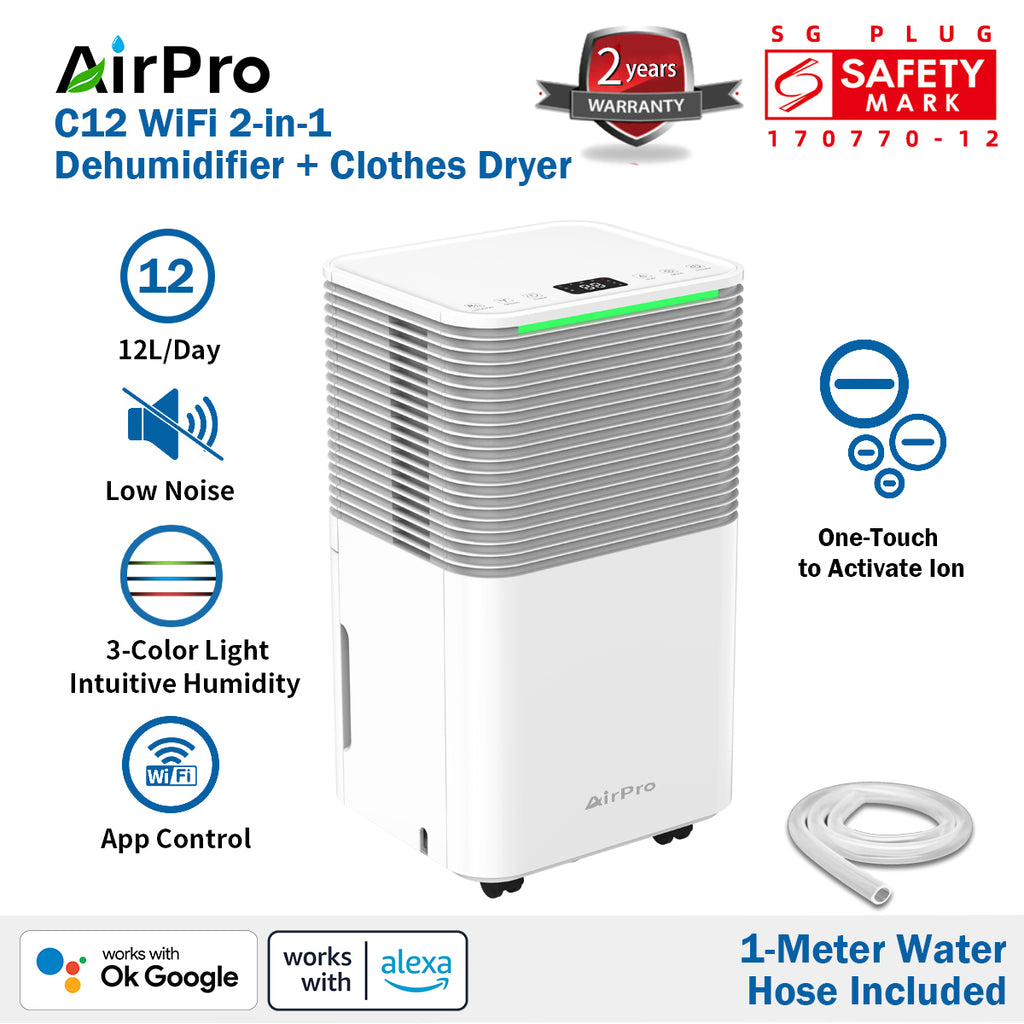 AirPro C12 Compact WiFi Compressor Dehumidifier + Dryer | 12L/Day | Ionizer | Low Noise | App Control