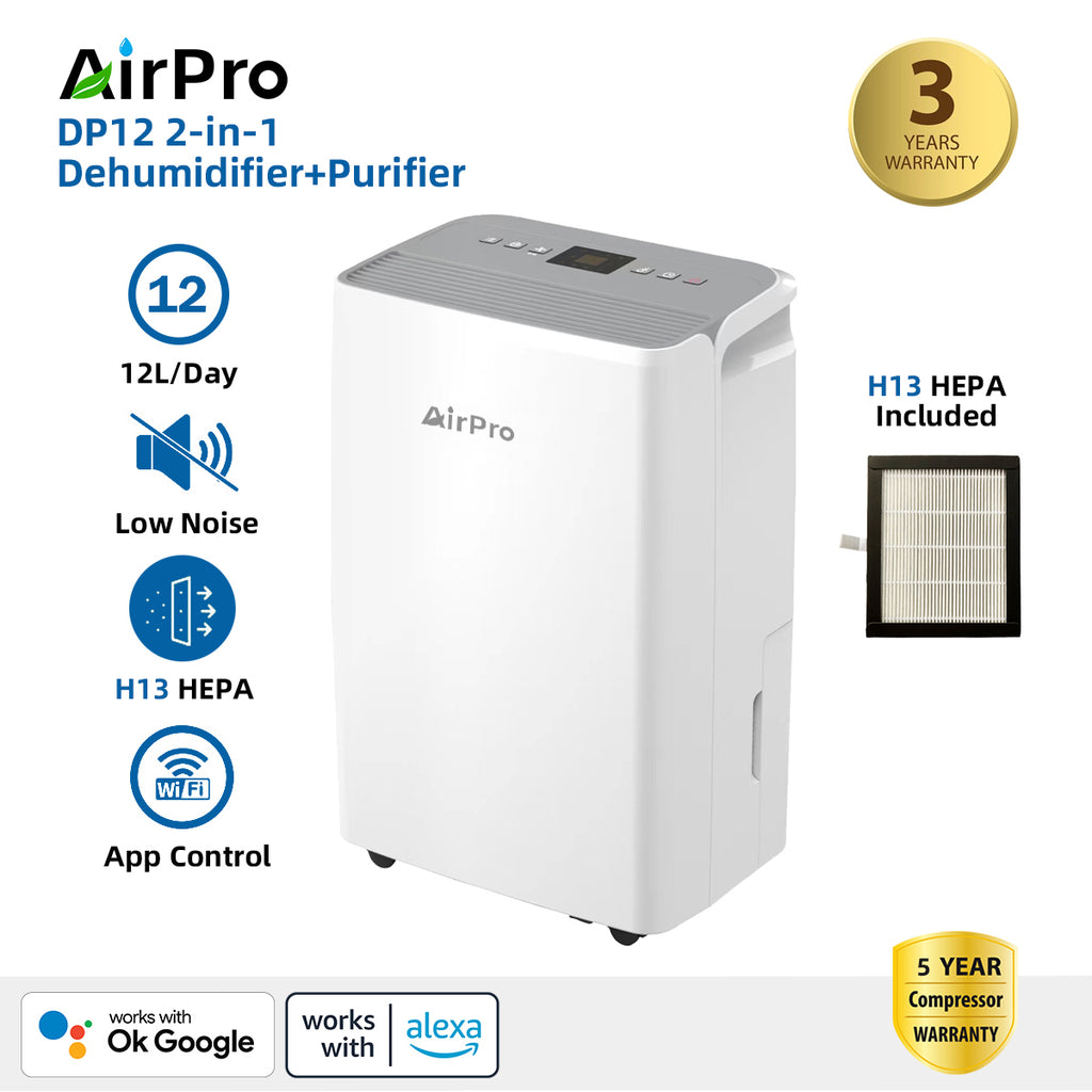 🎁Free 2x H13 HEPA Filters | AirPro DP12 3-in-1 Compressor Dehumidifier & Purifier & Dryer | WiFi App | 12L/Day