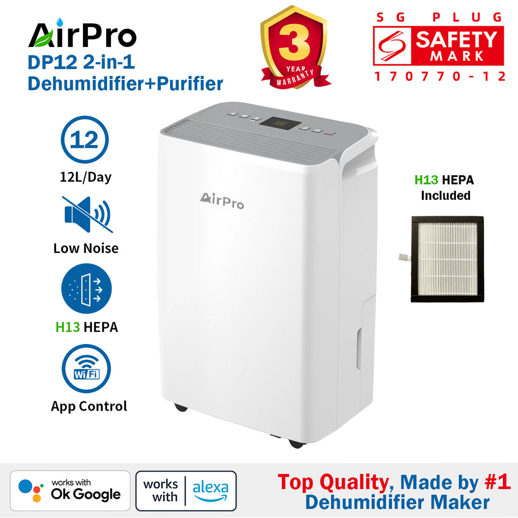 🎁Free 2x H13 HEPA Filters | AirPro DP12 3-in-1 Compressor Dehumidifier & Purifier & Dryer | WiFi App | 12L/Day